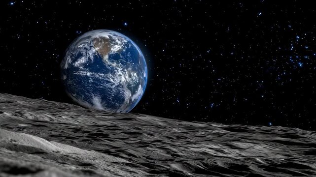 215View of Earth rising above the Moon&rsquo;s cratered surface, starry black sky stretching endlessly, distant planet visible, highlighting the vastness of space and cosmic exploration