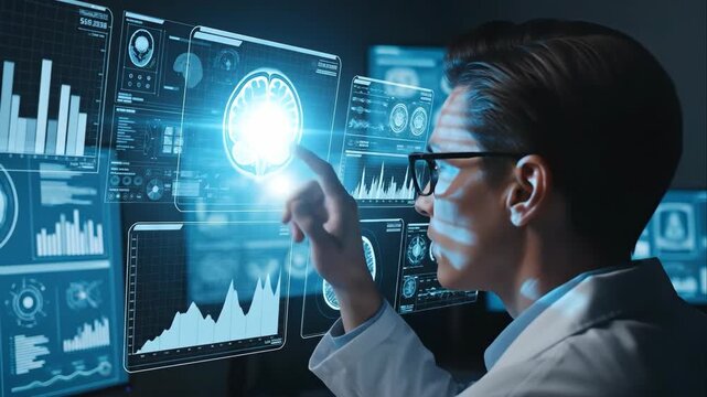 Scientist analyzing digital brain interface in futuristic lab environment