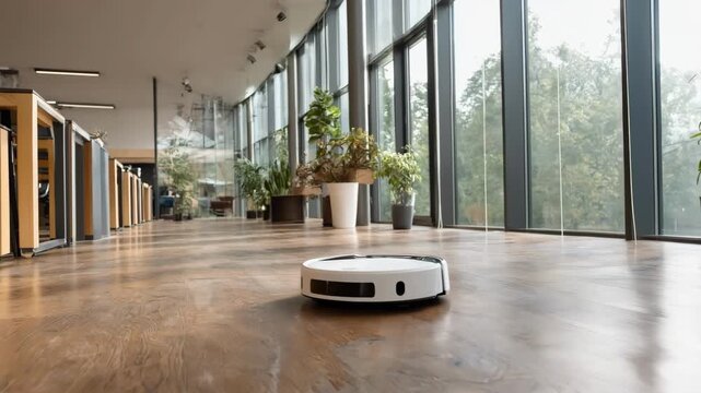 Medium shot of a robotic floor cleaning assistant efficiently navigating a modern office space using sensors to avoid obstacles while polishing hardwood floors.