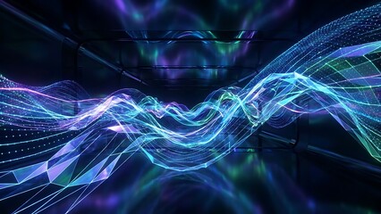 Futuristic digital wave pattern with blue purple green lines and dots on dark background