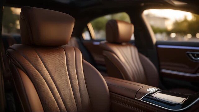2Cinematic close-up of the rich brown leather interior in a top luxury executive car, focusing on its sculpted seating, polished trim, and the luxurious materials that define premiu