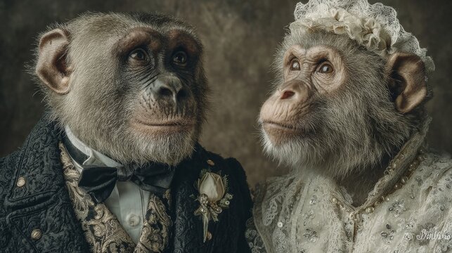 A surreal portrait of two monkeys dressed in formal wedding attire, evoking a whimsical and elegant anthropomorphic scene.