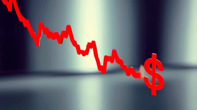 Visual representation of a financial market downturn featuring a dynamic red line graph trending downward against a sleek gradient background. prominent dollar symbol emphasizes economic implications 