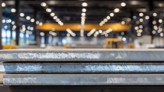2Close-up of stacked steel beams with sharply defined edges, industrial textures catching cool overhead lighting, subtle reflections on brushed metal surfaces, arranged in precise g
