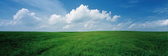 Vast green field under clear blue sky with fluffy clouds