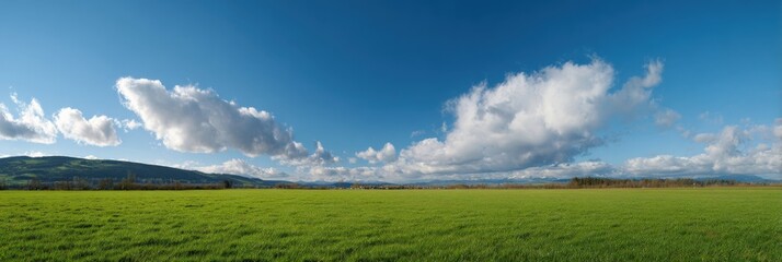 Obraz premium Expansive green field with blue sky and white clouds under bright sun