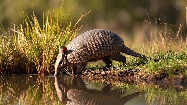 Armadillo Drinking Water, Reflected in Pond, Nature Scene