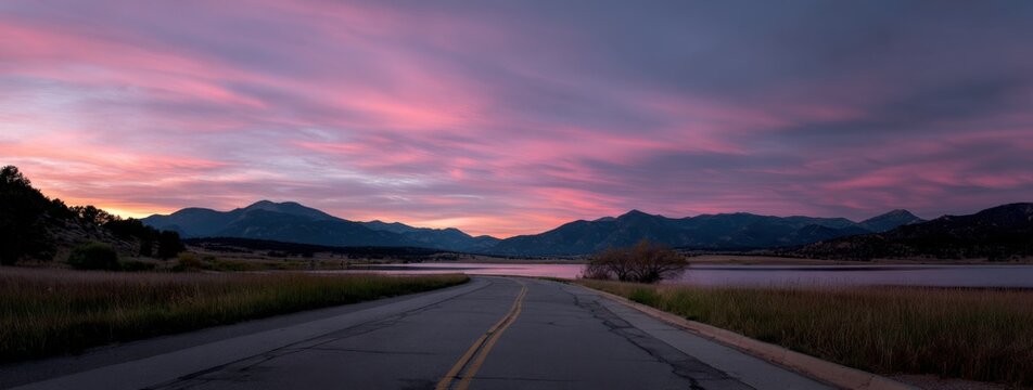 Serene lakeside road at dawn with pink clouds and mountain range - Powered by Adobe