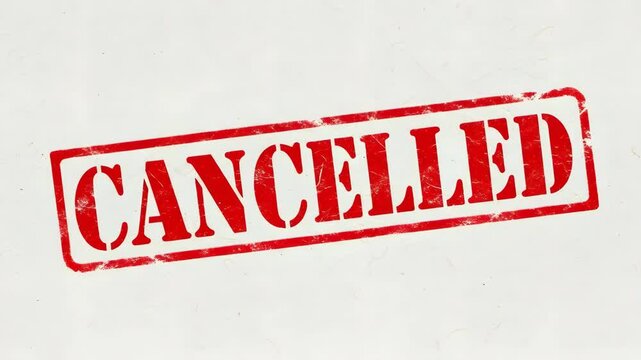 Red stamp progression illustrating "cancelled" imprint on white background in three frames