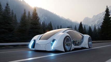 A futuristic vehicle moves along a highway surrounded by tall trees and mountains. The car features a sleek design and bright lights. The setting shows a clear sky and sunlight.