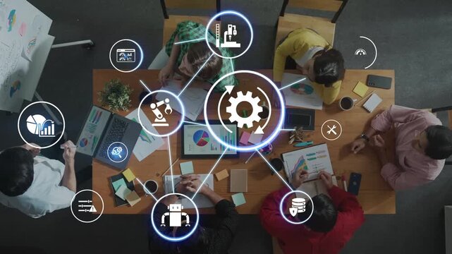 Predictive maintenance icons for industry, automation, smart factory and manufacturing showing data analysis, monitoring, robotics and system optimization with advanced maintenance solutions. Funnel