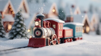 A toy train moves along a snowy track in a village filled with small houses and pine trees. Snowflakes fall gently as the train passes creating a winter scene.