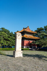 Fototapeta premium Vertical shot of a weathered stone stele standing in a green courtyard at the Ming Tombs complex.