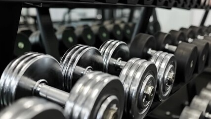 Gym dumbbells organized on racks displaying fitness equipment in modern workout space