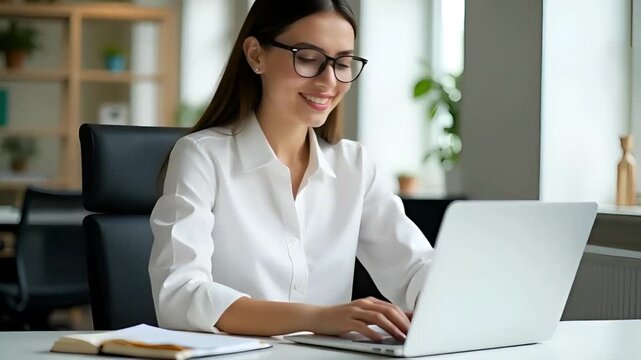 smiling woman with glasses typing on laptop at desk in bright office