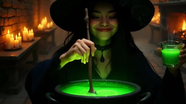 witch in a black hat drinking a green potion and smiling
