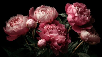 Five pink peonies are grouped together with green leaves placed against a dark background. The flowers vary in size and bloom stage creating a natural look.