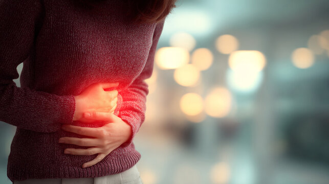 Woman Suffering from Irritable Bowel Syndrome, Severe Abdominal Pain with Red Glow Highlighting Discomfort