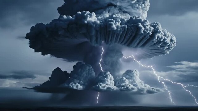 Dramatic volcanic eruption with lightning strikes illuminating the ash cloud