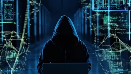 A hooded figure sits in a dimly lit room surrounded by glowing digital screens and network graphs, symbolizing cybersecurity threats and data analysis in the digital age. the scene evokes themes of ha - Powered by Adobe
