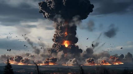 Epic nuclear explosion with expanding fireball and mushroom cloud over scenic landscape - Powered by Adobe