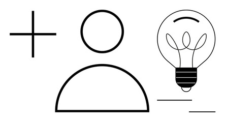 Innovation, creativity, ideas, personal development, brainstorming, user interface. Minimalist design showing a light bulb, person icon and plus sign. Innovation and creativity concept © robu_s