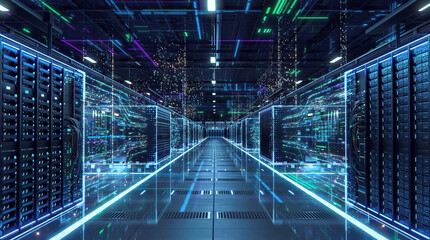 Modern data center facility showcasing advanced digital infrastructure for cloud computing, data storage, and network security. Represents high-performance technology, big data processing, artificial