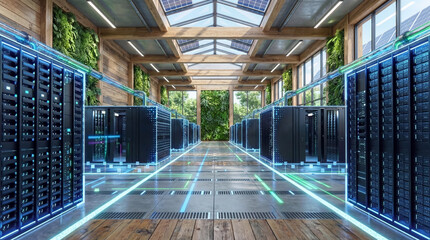 Modern data center facility showcasing advanced digital infrastructure for cloud computing, data storage, and network security. Represents high-performance technology, big data processing, artificial 