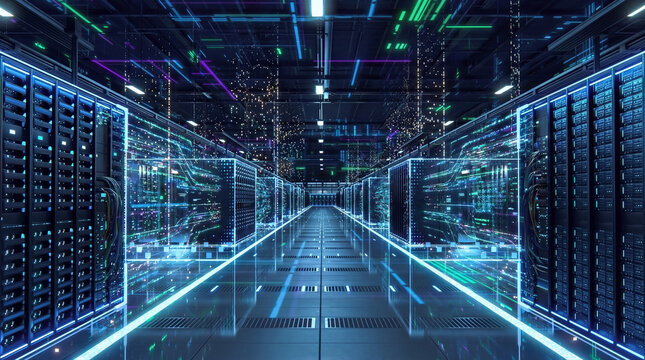 Modern data center facility showcasing advanced digital infrastructure for cloud computing, data storage, and network security. Represents high-performance technology, big data processing, artificial - Powered by Adobe