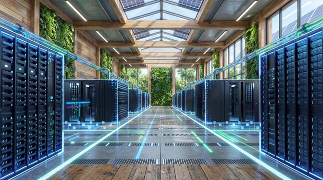 Modern data center facility showcasing advanced digital infrastructure for cloud computing, data storage, and network security. Represents high-performance technology, big data processing, artificial - Powered by Adobe