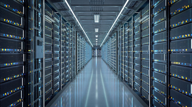 Modern data center facility showcasing advanced digital infrastructure for cloud computing, data storage, and network security. Represents high-performance technology, big data processing, artificial  - Powered by Adobe