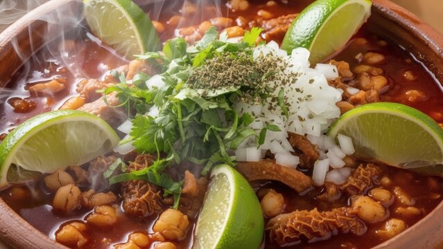 Delicious posole soup with lime and herbs in a bowl for National Menudo Month