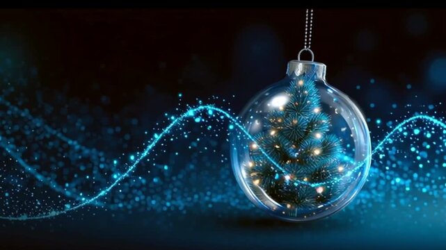 bola de nieve de cristal con arbol de navidad dentro con fondo azul osocuro y ondas brillantes en moviemiento