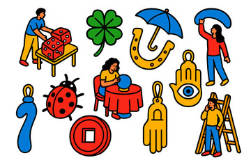 Fototapeta premium Sociology of Luck. Isometric vector illustration set Sociology of luck: people engaging in chance activities, cultural lucky