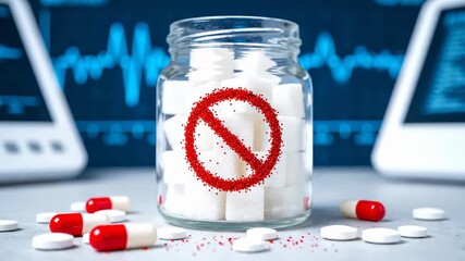 Sugar cubes inside a glass jar displaying a red stop sign. Scattered white and red pills surround the container. A blue monitor shows health data waves, diabetes control and avoiding sugary foods.
