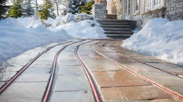 Medium shot of hydronic heated pathway with visible tubing beneath stone tiles effectively clearing ice and snow