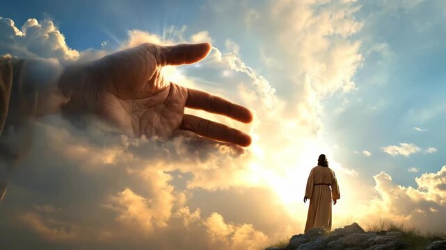 A person stands on a mountaintop during the day, looking upwards toward an outstretched hand from the sky. This illustrates God's help and providing assistance in this video