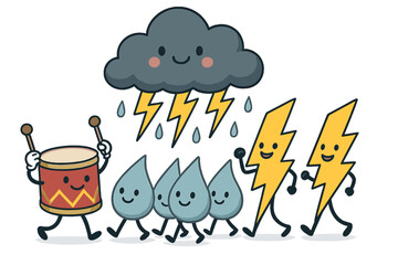 Thunderstorm Parade Spectacle. Thunderstorm parade with booming drums as thunder, flashing lights as lightning, and raindrops