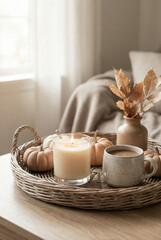 white candle in a wicker basket. autumn leaves beside the coffee cup.