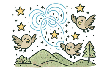 Smiling Birds' Night Flight. Friendly doodle nocturnal navigation scene with smiling birds flying under cartoon stars, magnetic