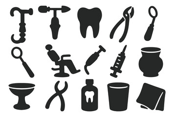 Vintage Dentistry Icons. Solid style icons of Vintage Dentistry: Tooth Key, Drill, Molar, Forceps, Mouth Mirror, Dental Chair,