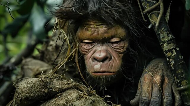 This compelling production presents an early ancestor. It depicts an archaic hominid and stone age man surviving amongst the wilderness as an early human, the prehistoric human