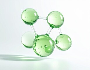 スキンケア研究を想起させる透明グリーン分子 高保湿・美容液成分イメージの先端サイエンス背景 ジェネレーティブAI