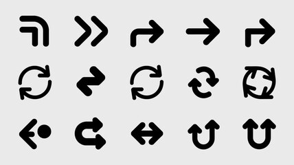 Black Arrows and Icons in Various Directions and Styles on White Background for UI Design
