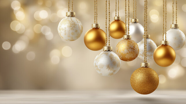 Holiday celebration decoration banner template greeting card illustration, group of hanging gold and white ornament balls on beige background wall texture defocused, festive displa
