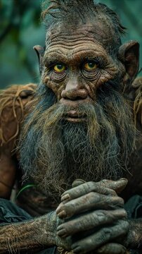 A detailed portrayal shows a prehistoric human with a beard resting in the brush. The early hominid holds gathered materials. This is an ancient human representation