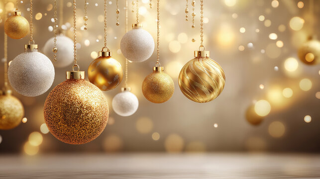 Holiday celebration decoration banner template greeting card illustration, group of hanging gold and white ornament balls on beige background wall texture defocused, festive displa