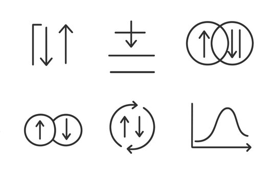 Spin Chemistry Icons. Line style icons of Spin Chemistry Concepts: paired electron spins, spin state diagram, singlet-triplet icon