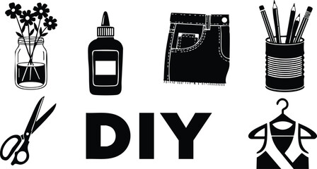 Flat icon set showing black diy craft symbols minimalist silhouette in simple grid view including jar with flowers scissors glue denim pocket pencil cup clothing hanger