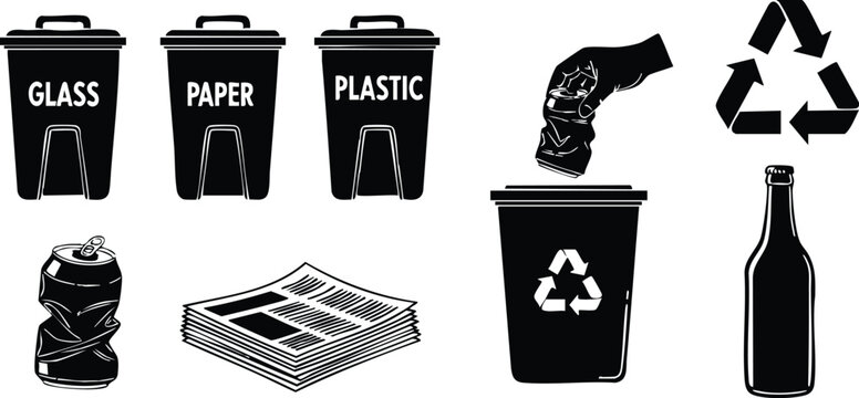 Stenciled grunge vector set showing close up recycling bins labeled glass paper plastic with bottle cup newspaper stack silhouette icons for waste sorting flat black design